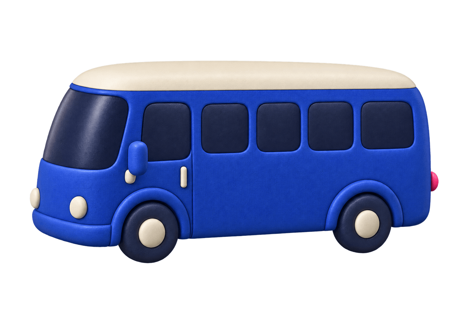 A textured cobalt-blue coach bus with an ivory roof, navy windows, and a pink tail light.